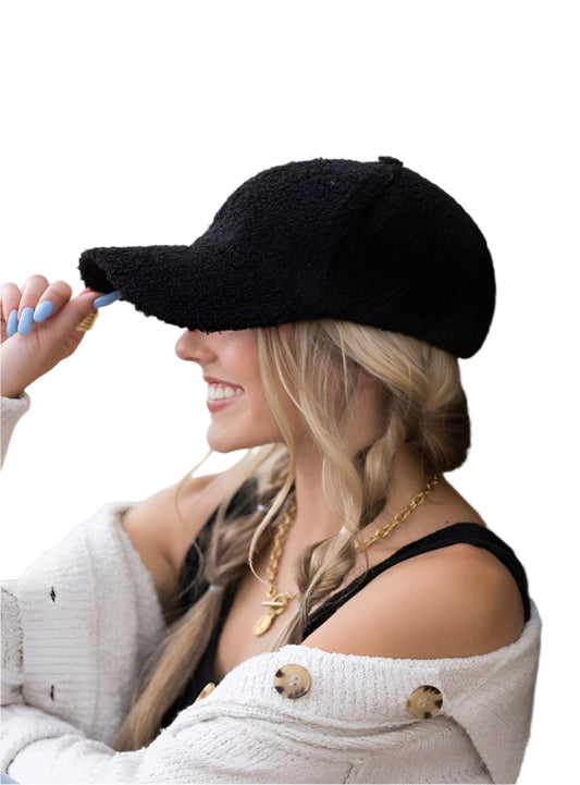 Black boucle sherpa knit ball cap with structured brim