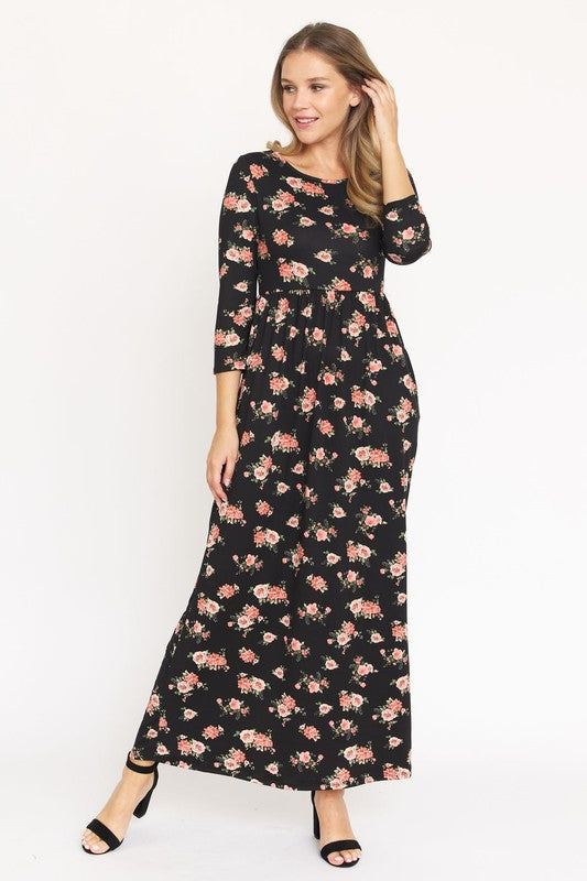Black bouquet floral quarter sleeve maxi dress