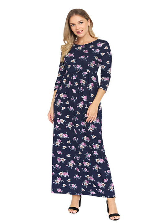 Navy bouquet floral quarter sleeve maxi dress