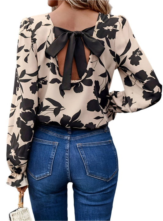 Bow back printed round neck flounce sleeve blouse