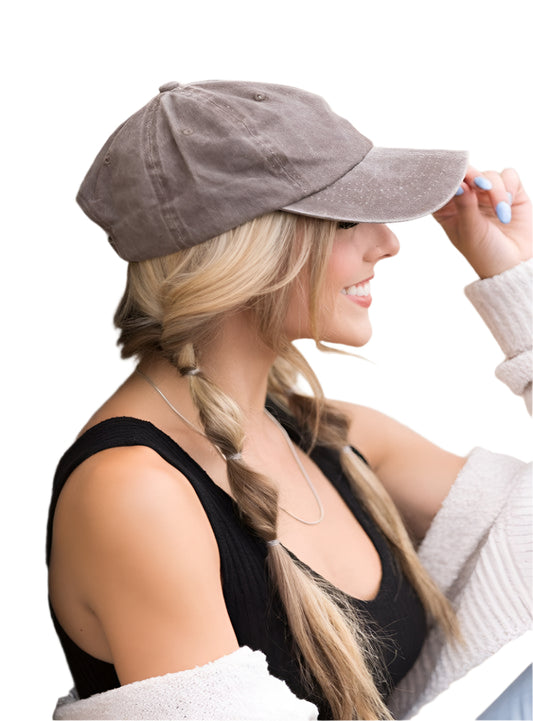 Brown adjustable everyday cap with pewter clasp