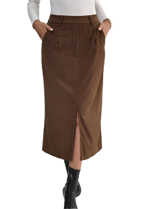 High-waisted brown corduroy midi skirt with front slit and side pockets.