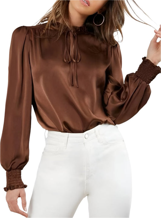 Front view of brown Frill Tied Lantern Sleeve Blouse with tie-neck detail.