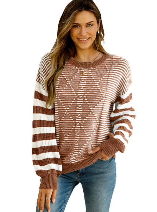Front view of a brown striped round neck sweater with dropped shoulders.