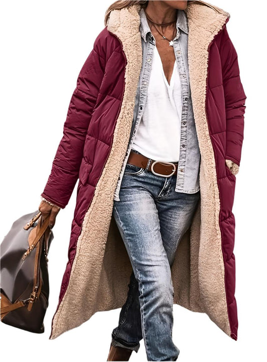 Front view of burgundy sherpa-lined long puffer coat with hood and zipper closure