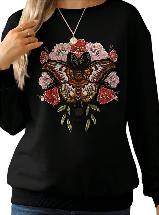 front view of black sweatshirt with butterfly and floral graphic