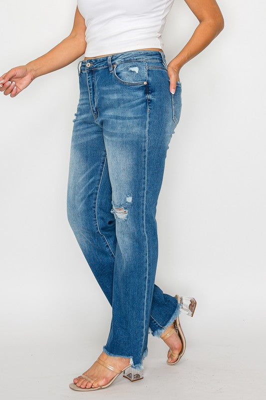Bytos | Raw Hem Distressed Mid Rise Straight Jeans | Plus Size