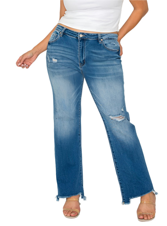 Bytos | Raw Hem Distressed Mid Rise Straight Jeans | Plus Size