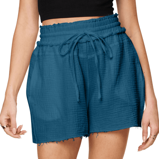 Chic peacock blue drawstring shorts with a comfy fit and stylish raw trim. Also in white and hot pink for every occasion!
