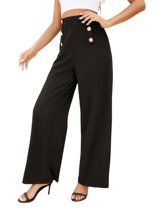 High Waist Button Detail Relaxed Fit Black Pants