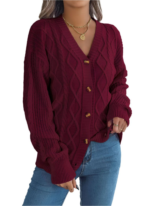 Burgundy cable knit button-up cardigan sweater with tortoiseshell buttons.