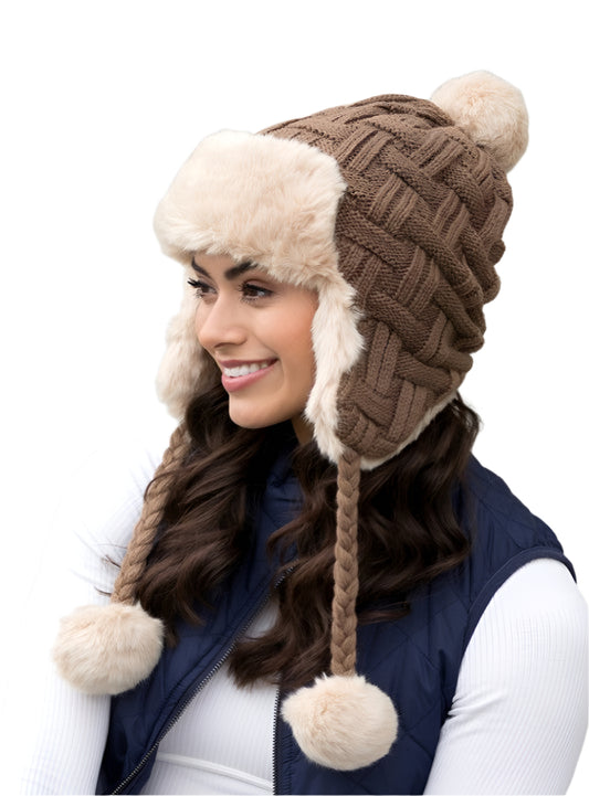 Cable weave pom trapper hat with faux fur accents