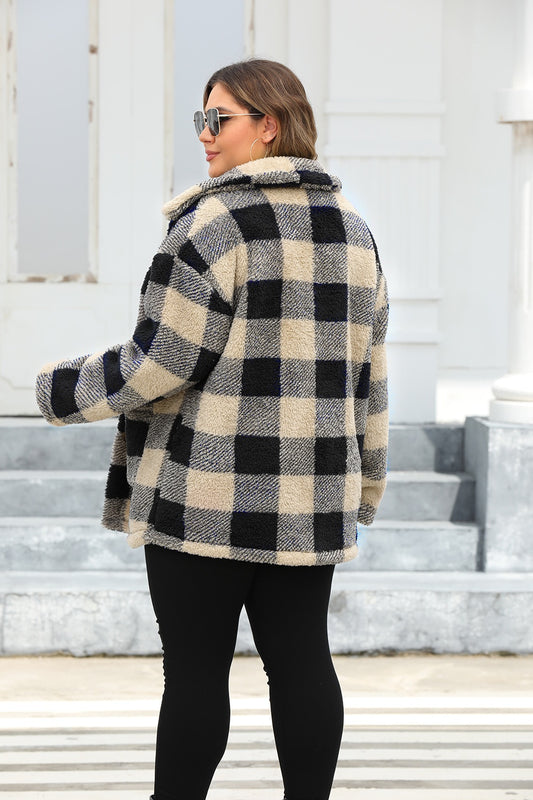 Back view of camel checkered jacket for plus-size women.