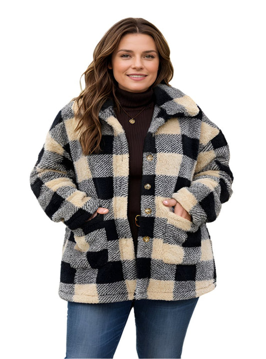 Front view of plus-size camel checkered button-up jacket in 1XL-5XL.