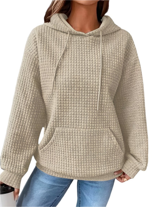 cozy camel waffle knit hoodie with kangaroo pocket