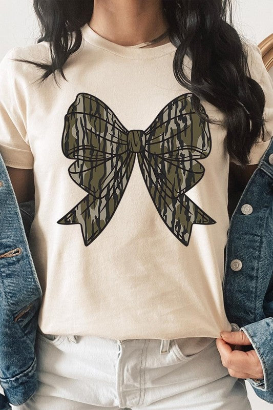 Front view of cream camo bow graphic tee with casual short sleeves.