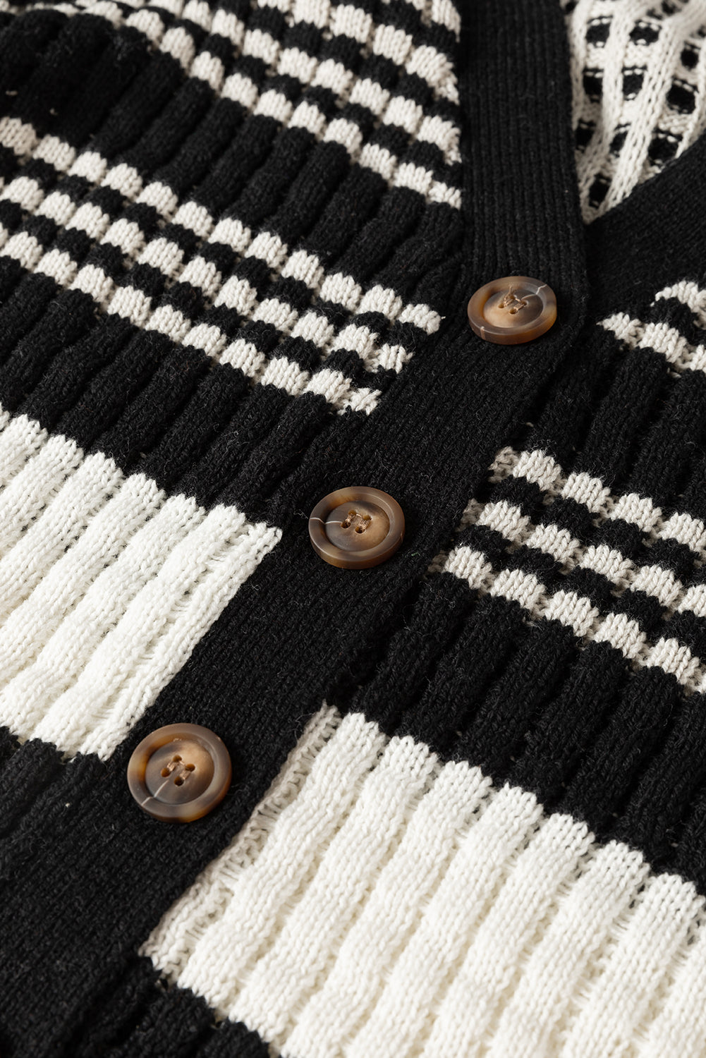 Black Color Block Textured Knit Buttoned Cardigan