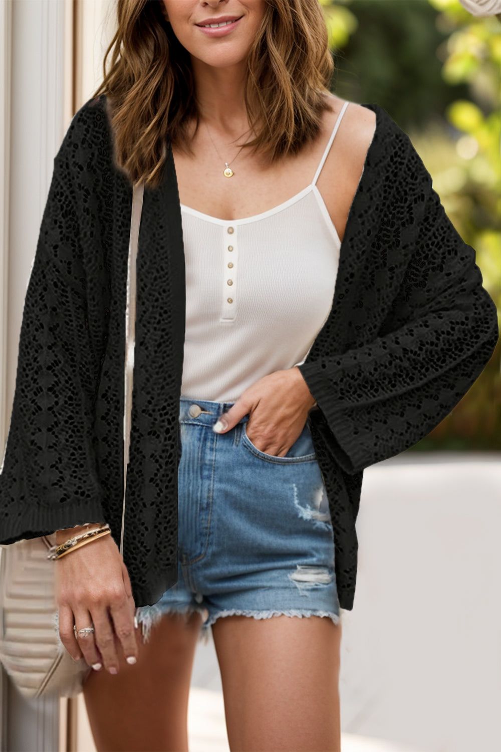 Openwork Open Front Dropped Shoulder Cardigan - Whimsical Appalachian Boutique