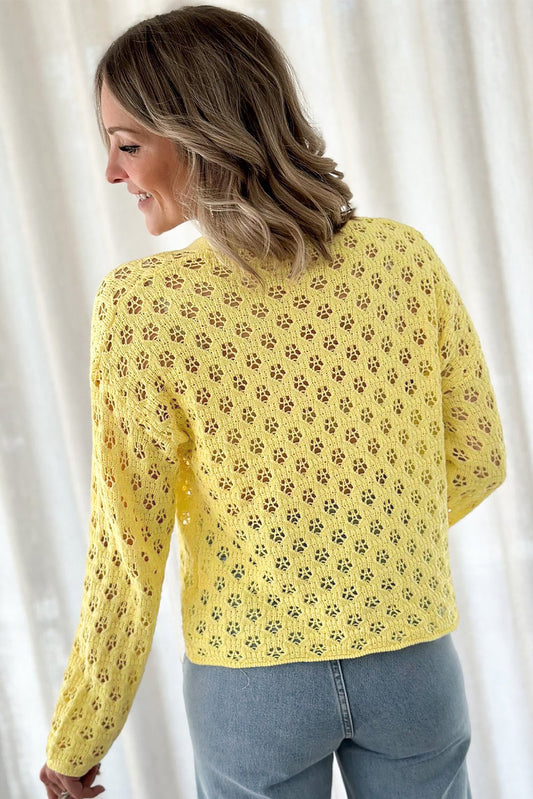 Vibrant Yellow Eyelet V-Neck Cardigan