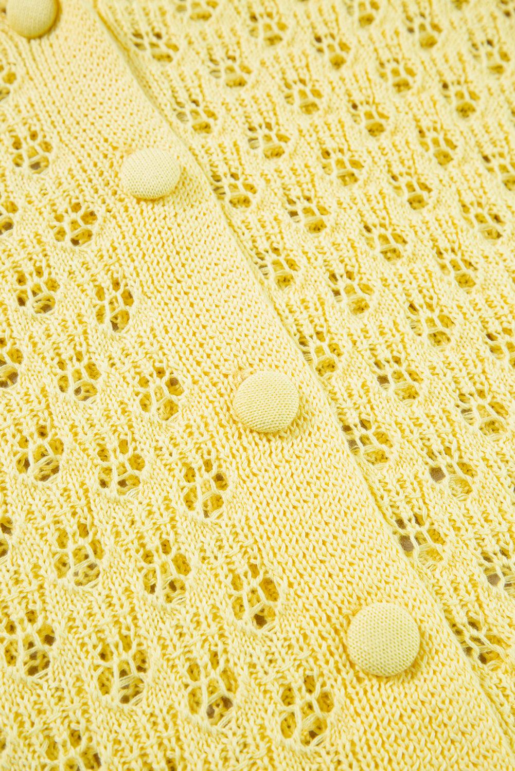 Vibrant Yellow Eyelet V-Neck Cardigan