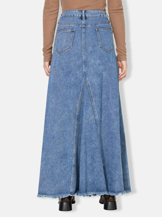 High-waisted denim maxi skirt with a flattering A-line silhouette.