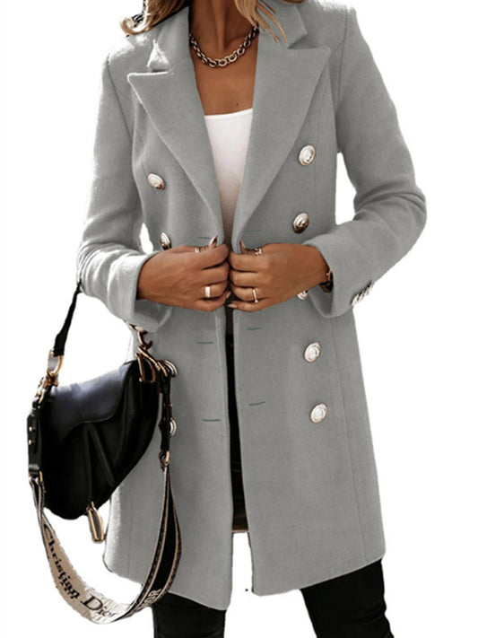 Relaxed gray woolen coat with dropped shoulder sleeves for a modern look.