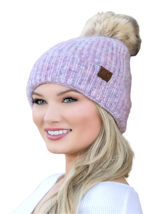 Cotton candy CC marled pom beanie with faux fur pom and cozy knit design