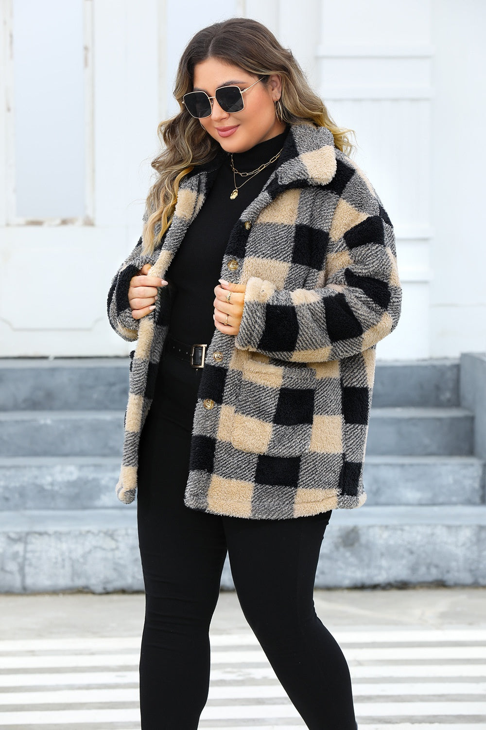 Comfortable plus-size camel jacket in checkered print for layering.