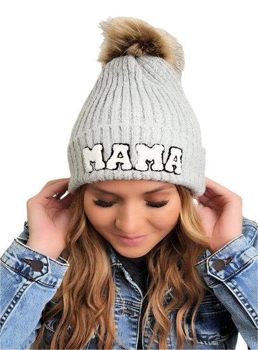 Gray chenille mama patch beanie with soft stretchy knit and faux fur pom