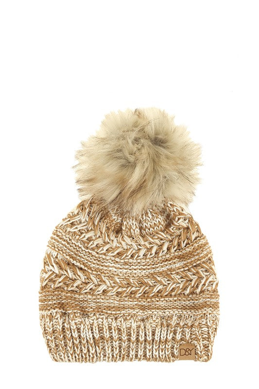 Textured camel chevron knit beanie with matching faux fur pom