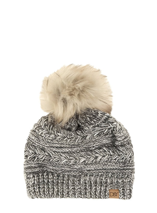 Textured gray chevron knit beanie with matching faux fur pom