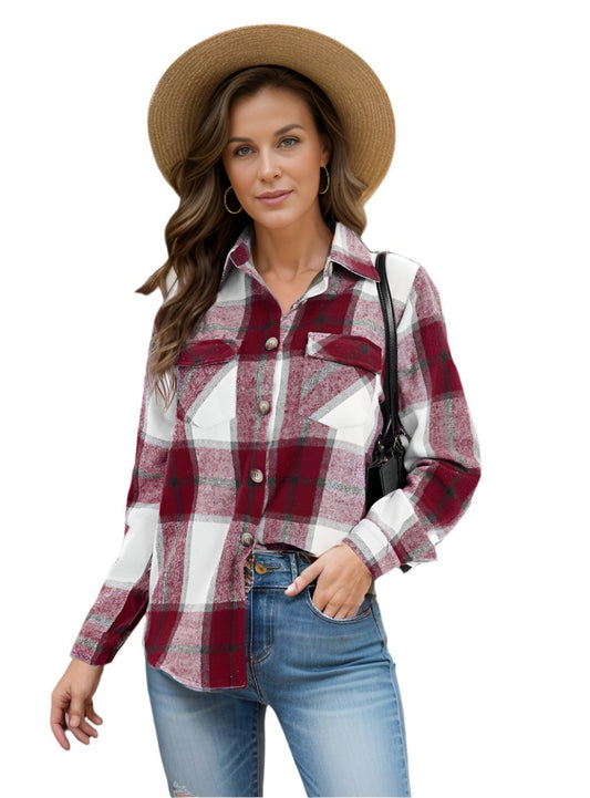 Burgundy plaid shirt styled casually