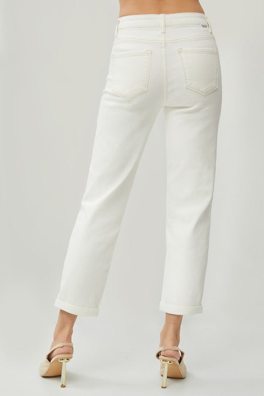 Classic straight-leg ivory jeans with a rolled hem detail