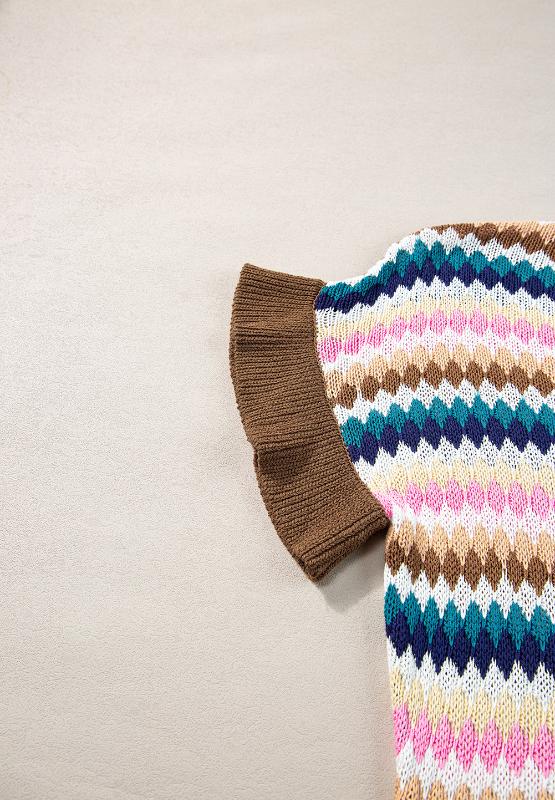 Colorful Short Sleeve Striped Knit Sweater - Boho Astetic
