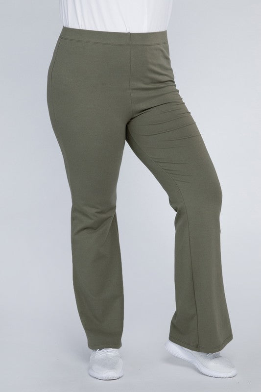 Comfortable olive flare pants made from stretchy fabric.