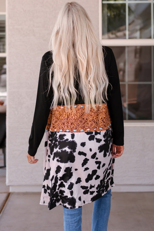 back view of Western style cow print patchwork cardigan