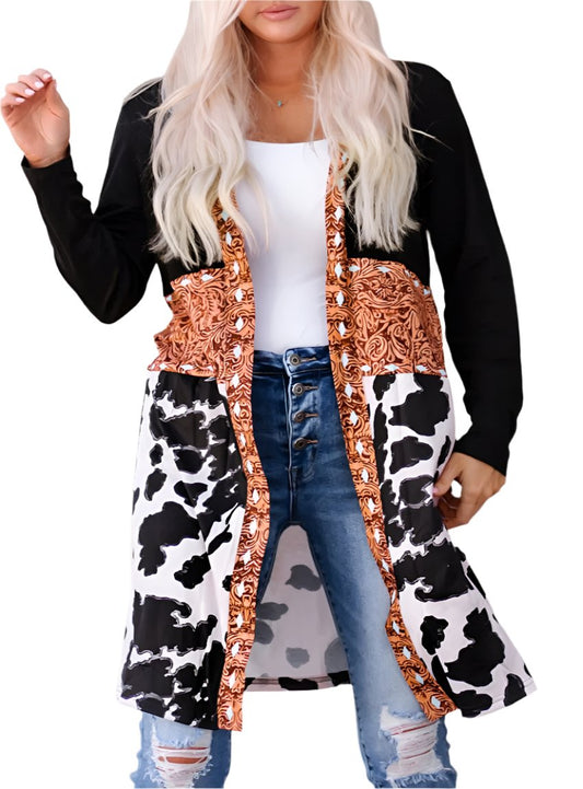front view of cow print and Western patchwork cardigan