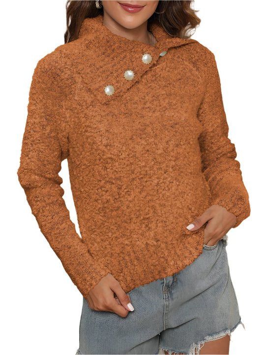 Front view of an orange textured button sweater with a cozy fit and unique button detail.