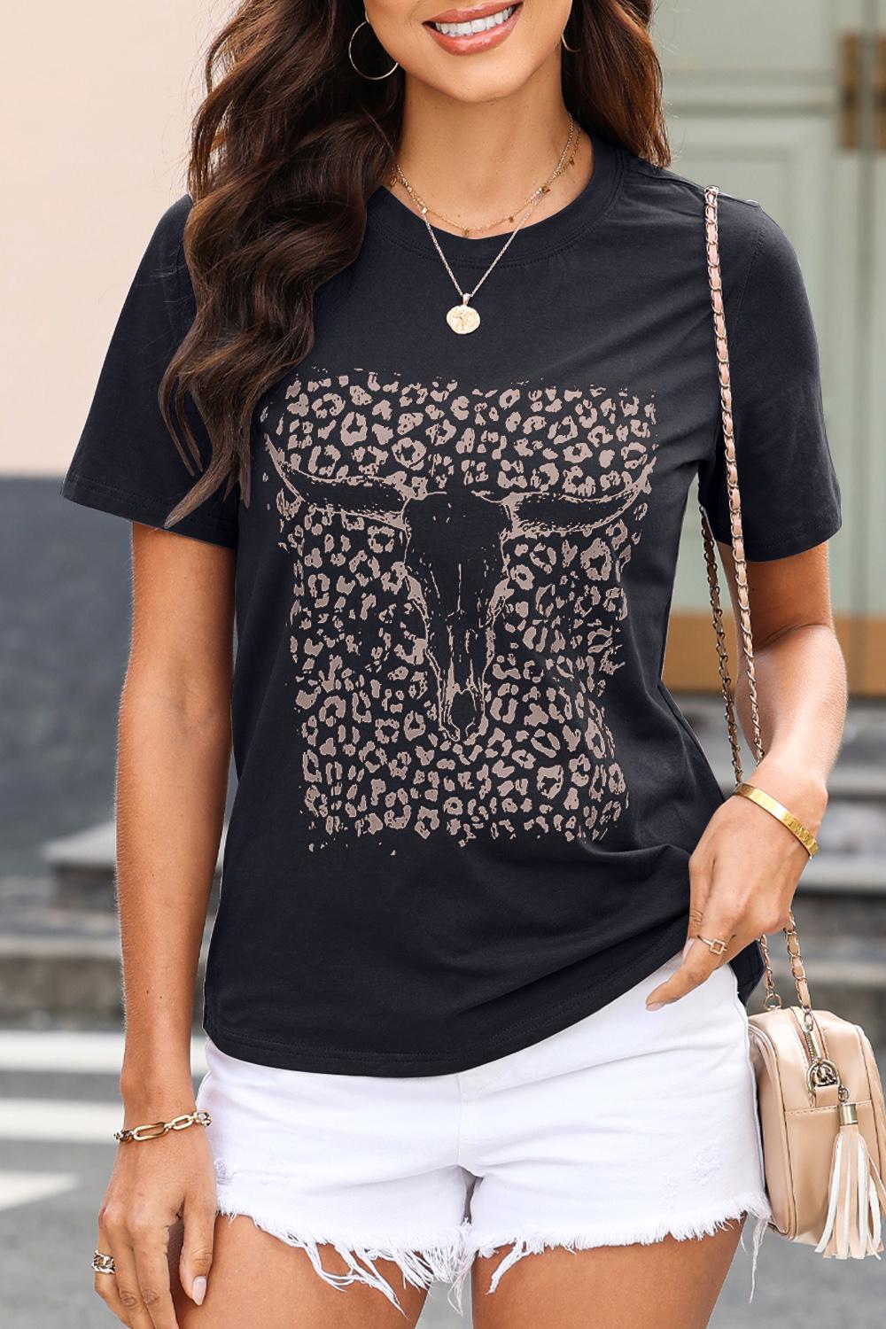 Longhorn & Leopard Print Graphic Tee - Whimsical Appalachian Boutique