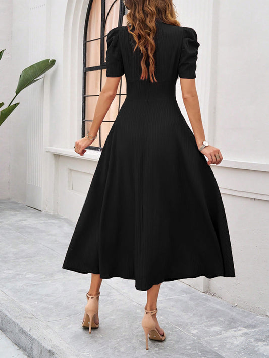 Classic Black V-Neck Puff Sleeve Midi Dress | Boutique Clothes