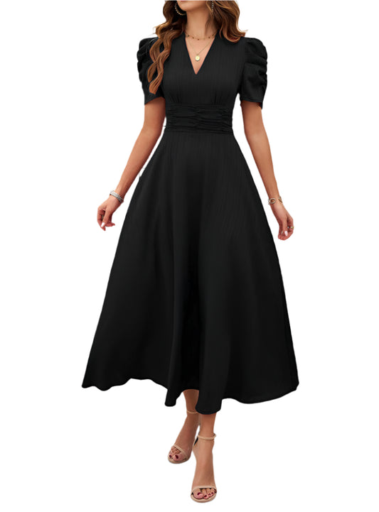 Classic Black V-Neck Puff Sleeve Midi Dress | Boutique Clothes