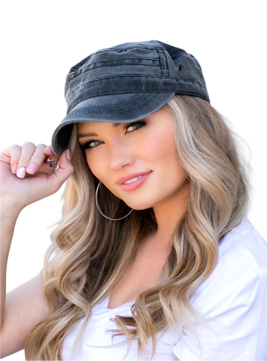 Black distressed cadet hat cap with military style
