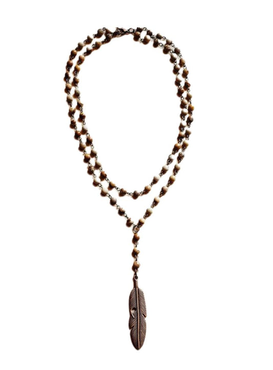 Boho-inspired double-strand jasper necklace featuring a detailed feather pendant.