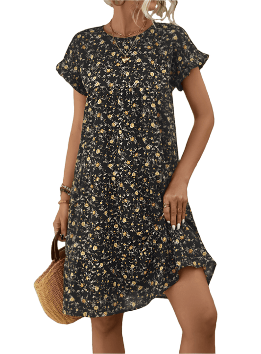 Frill Floral Round Neck Short Sleeve Tiered Dress - Whimsical Appalachian Boutique