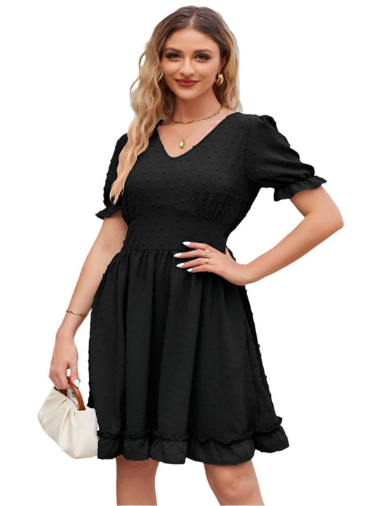 Black Swiss Dot Frill Trim V-Neck Dress