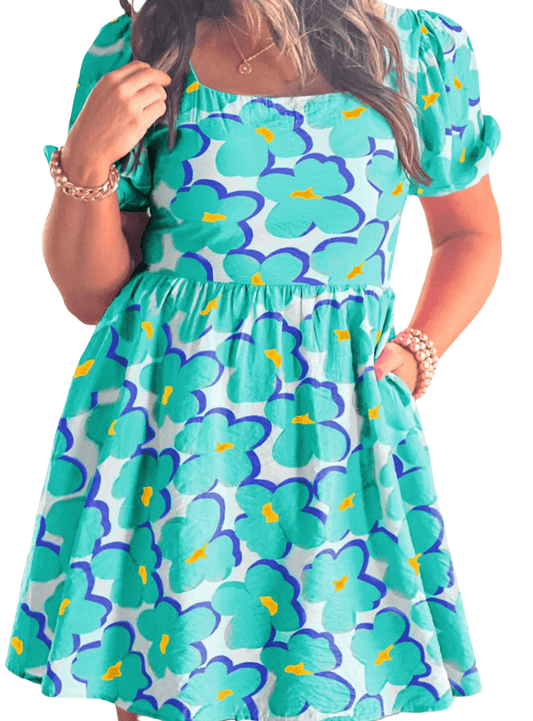 Floral Square Neck Short Sleeve Dress - Whimsical Appalachian Boutique