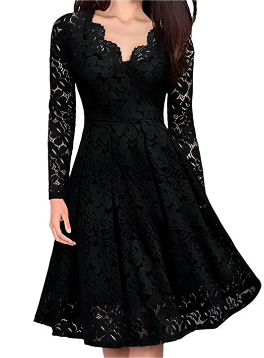 Front view of long-sleeve black lace dress with scalloped neckline and A-line fit.