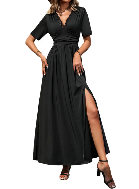 Elegant lace detail maxi dress with chic slit
