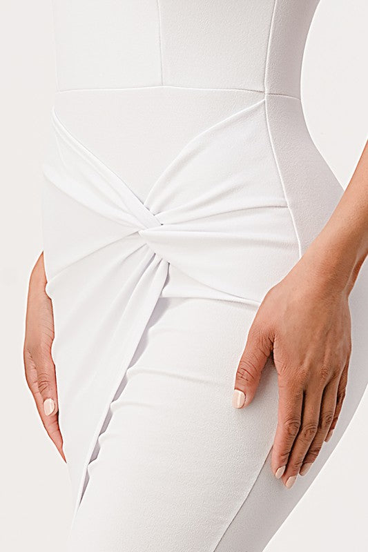 Knee-length white bodycon dress with a twist front design for a chic, modern look.
