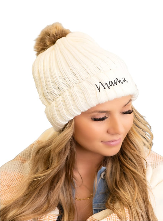 Cozy cream winter beanie with black embroidered Mama design